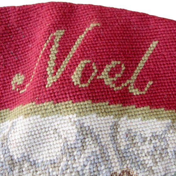 Vintage Needlepoint Stocking Noel Script w Cross Red Velvet Back 19" - Picture 2 of 4